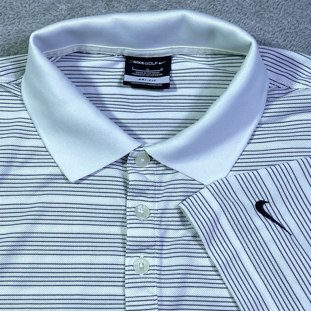 Nike Golf Dri-Fit Polo Shirt‎ Men's Large White Outdooorsy Blue Striped Athletic